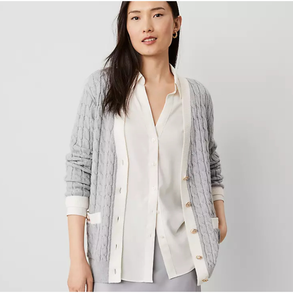 Ann Taylor Womens Cable Contrast Trim Boyfriend Cardigan Size XL Gray White - Picture 2 of 9